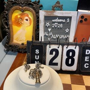 vintage Tortolani palm tree brooch and earring set with gold and silver-tone